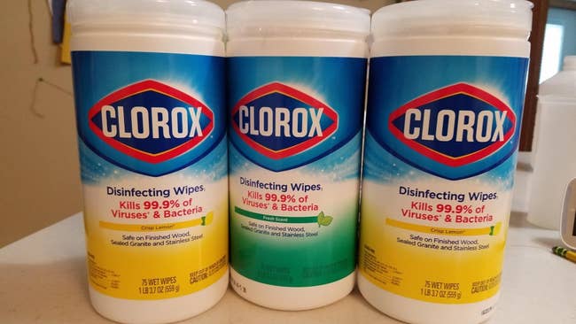 Three containers of Clorox disinfecting wipes, each   claiming to termination  99.9% of viruses and bacteria