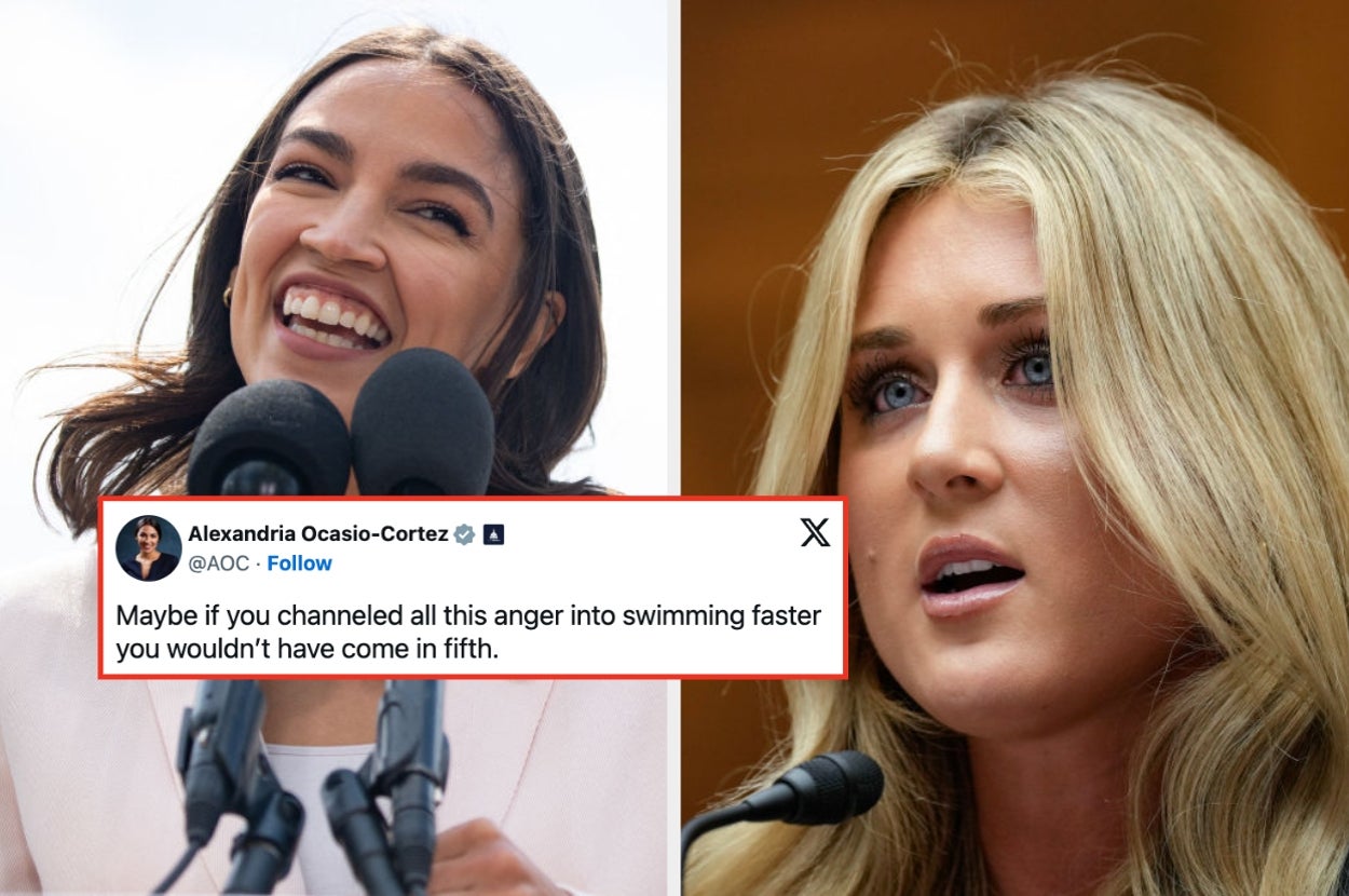 Split image: Left shows a smiling woman at a podium. Right shows a woman speaking. Overlay text is a tweet about channeling anger into performance