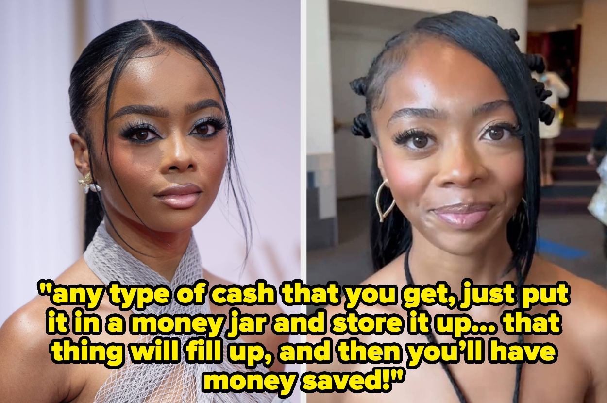Skai Jackson at two events. Text: "any type of cash that you get, just put it in a money jar and store it up... that thing will fill up, and then you’ll have money saved!"