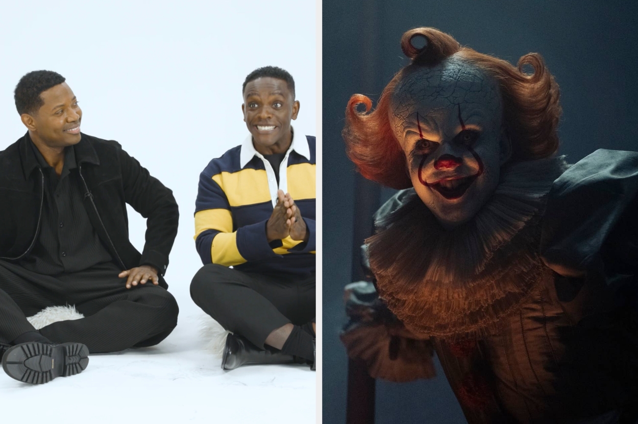 Chris Chalk and Stephen Rider smiling during an interview vs. a photo of Pennywise the Clown