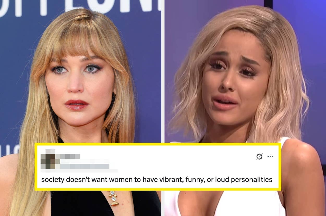 Two celebrities on a split screen with a caption: "society doesnât want women to have vibrant, funny, or loud personalities."