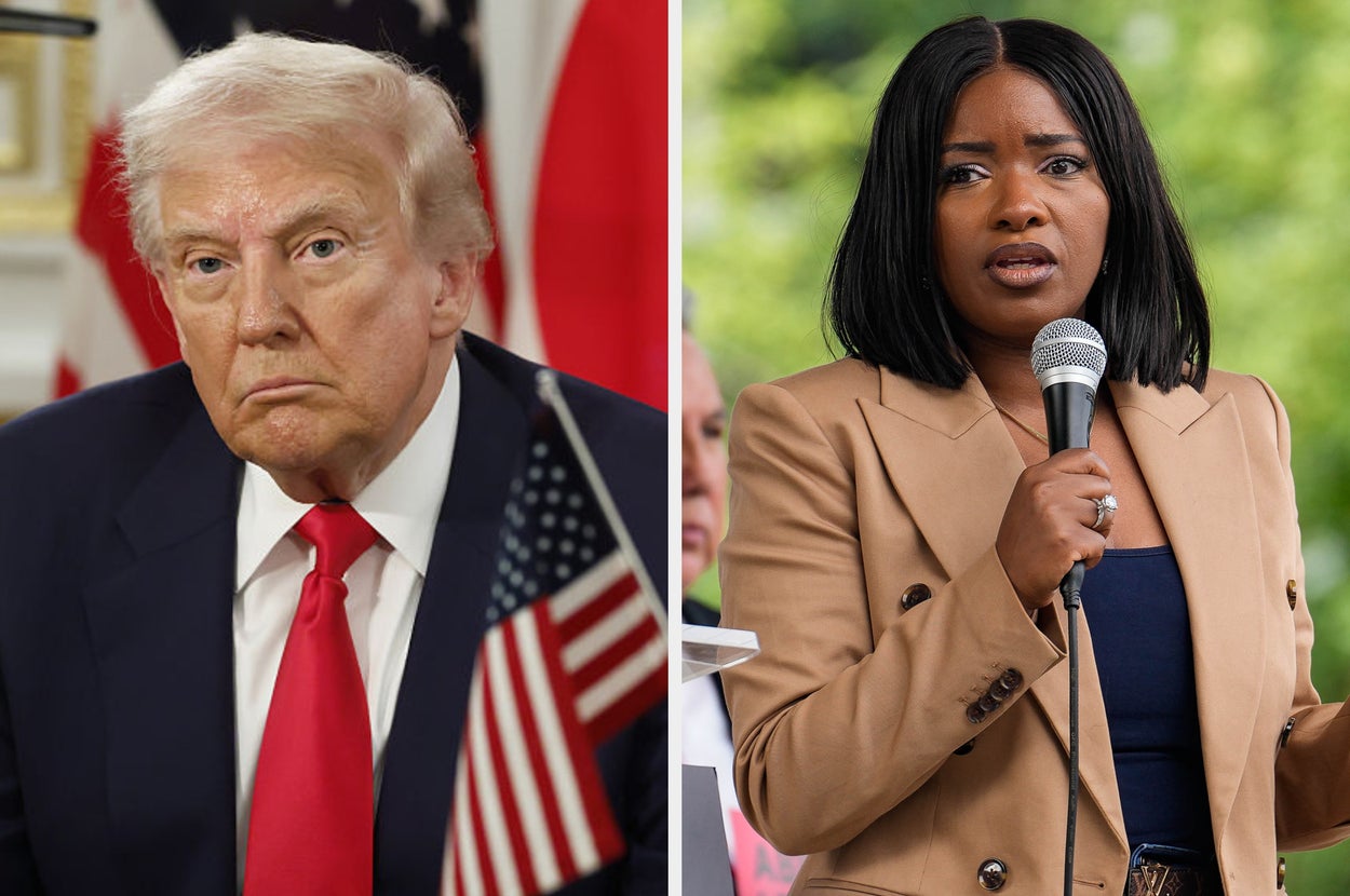 Two separate images: On the left, a woman speaks passionately at a podium. On the right, a man in a suit with a pouting expression