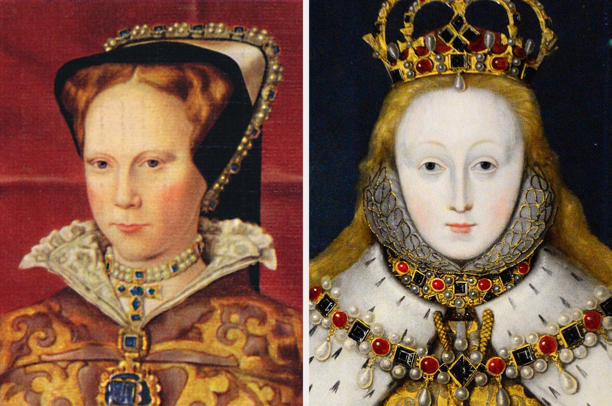 Two historical portraits: a woman in ornate, gold attire and another in a crown and elaborate jewelry