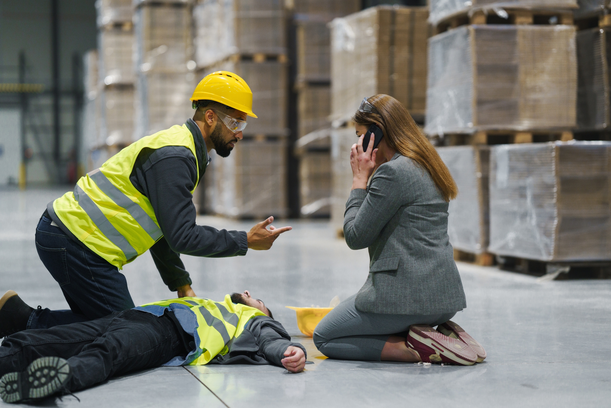Arbeider i hjelm og vest hjelper en annen som ligger på bakken mens en kvinne kneler og ringer i et lagermiljø