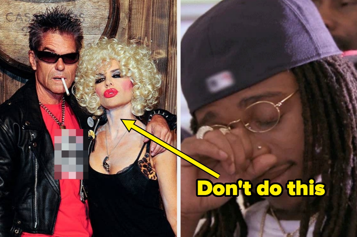 harry hamlin and lisa rinna dressed as sid and nancy; man in cap looked tired captioned "Don't do this"