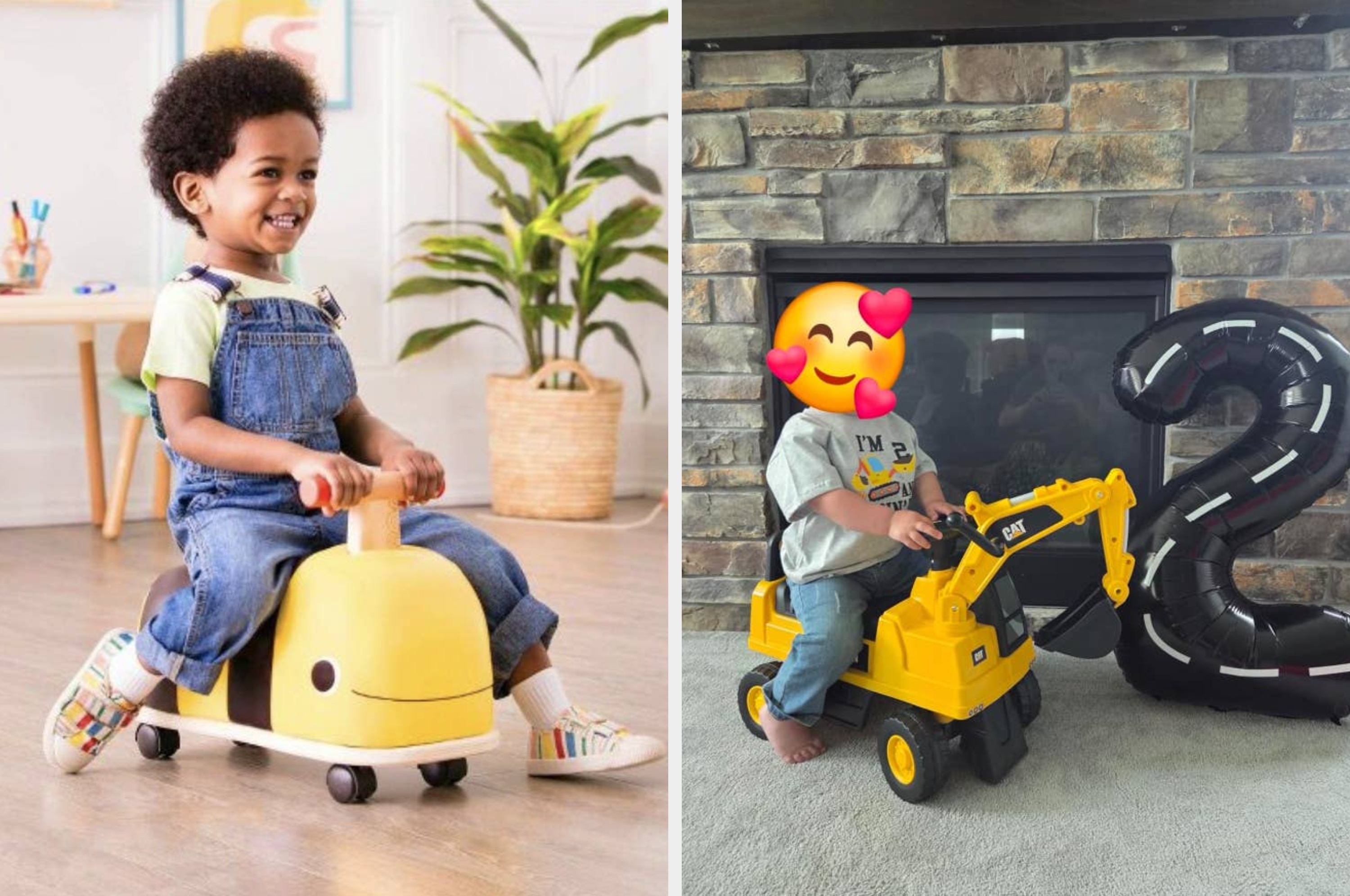 Two young children enjoying toy rides: one on a yellow whale and the other on a yellow digger