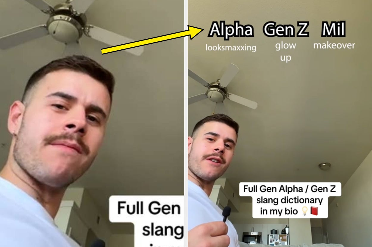 Person pointing at ceiling fan, text reads: "Alpha Gen Z Mil," "looksmaxxing glow up makeover." "Full Gen Alpha/Gen Z slang dictionary in my bio."