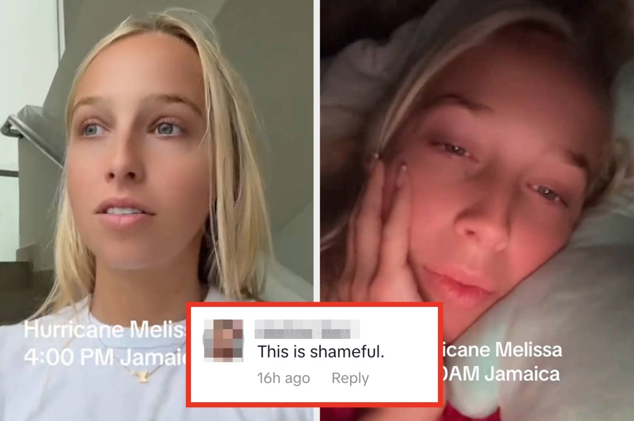 Two pics of Hannah discussing Hurricane Melissa. Comment overlay reads: "This is shameful"