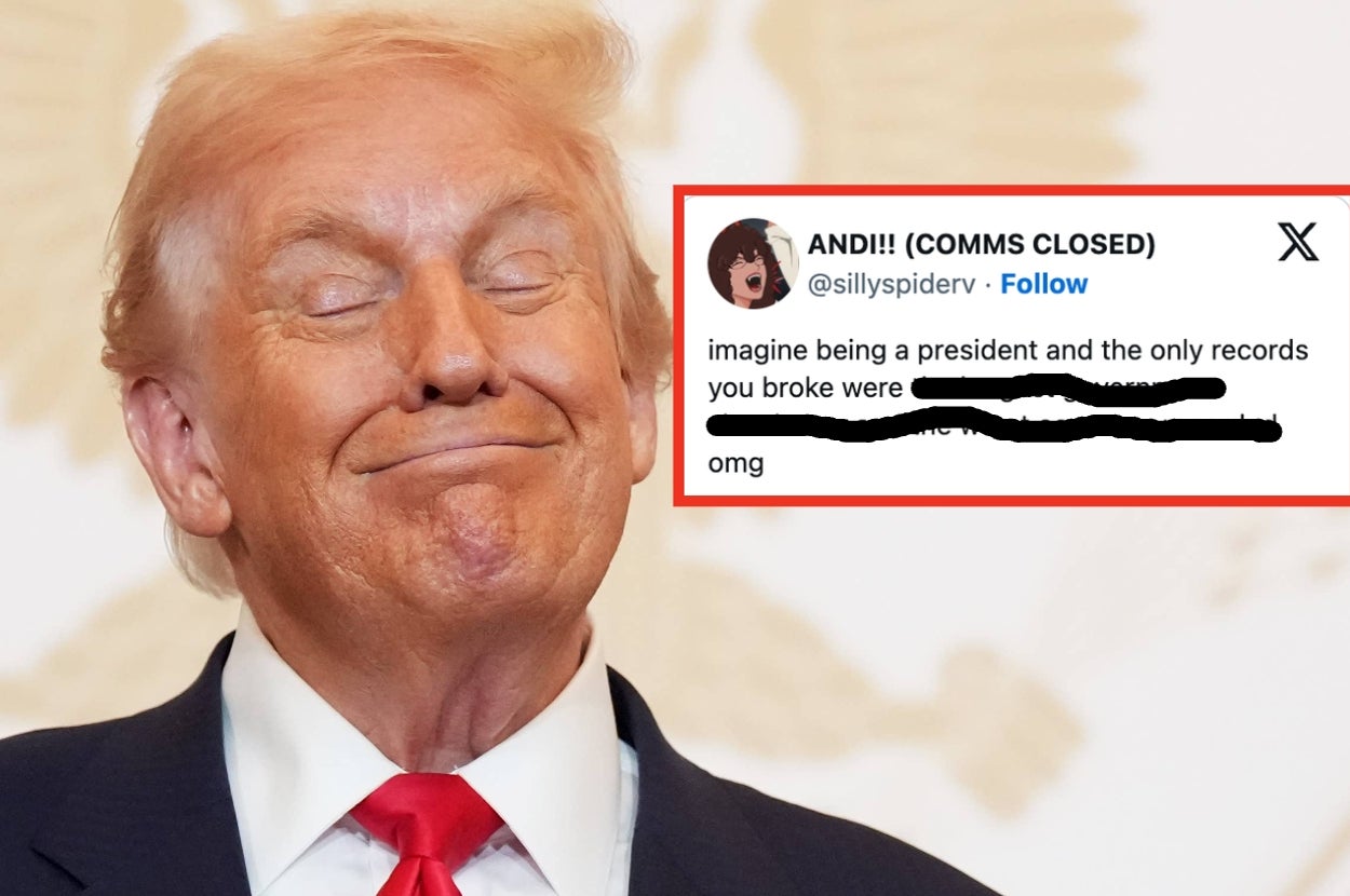 Person smiling with eyes closed. Overlay text: "@sillyspiderv tweet jokes about presidential records and adds playful commentary."