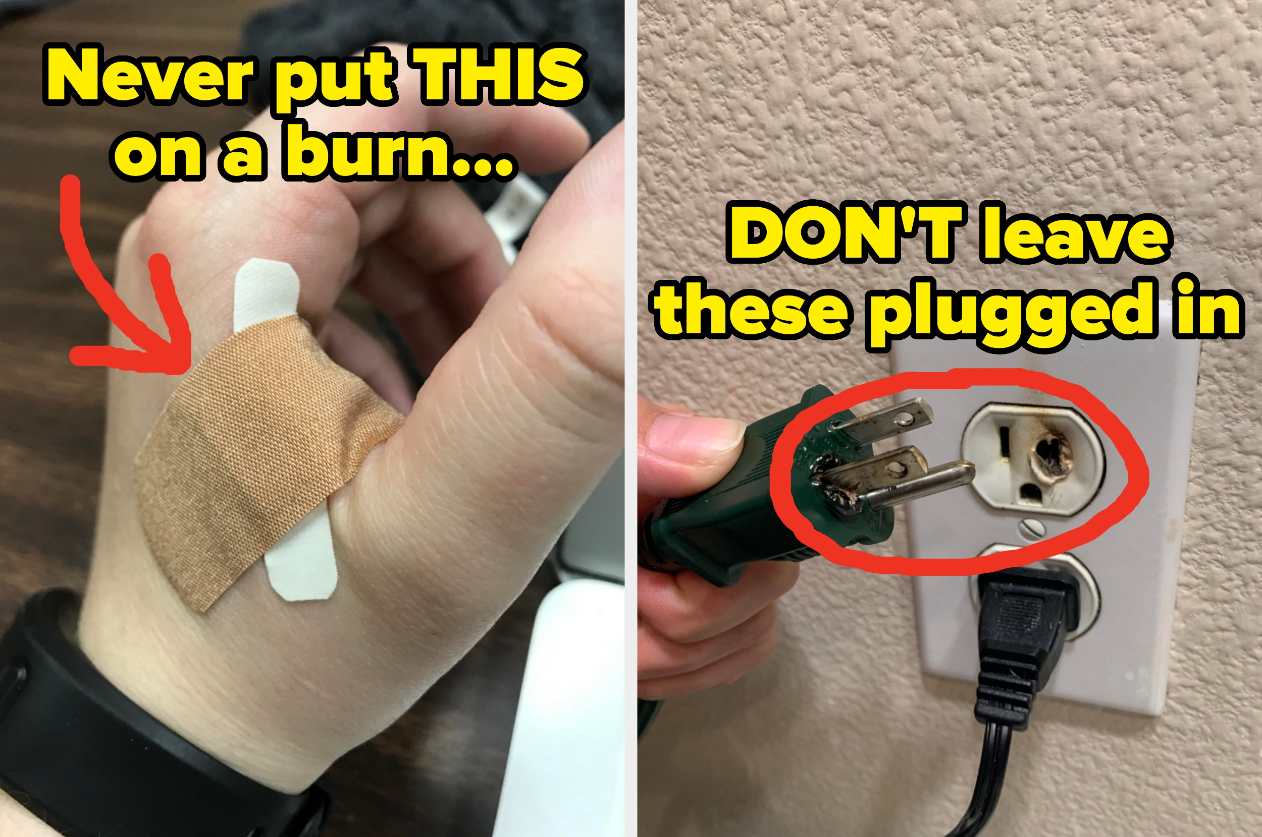 On the left, a hand with bandages; the text warns against using certain things on burns; on the right, a burnt outlet and plugs; the text advises not leaving them plugged in