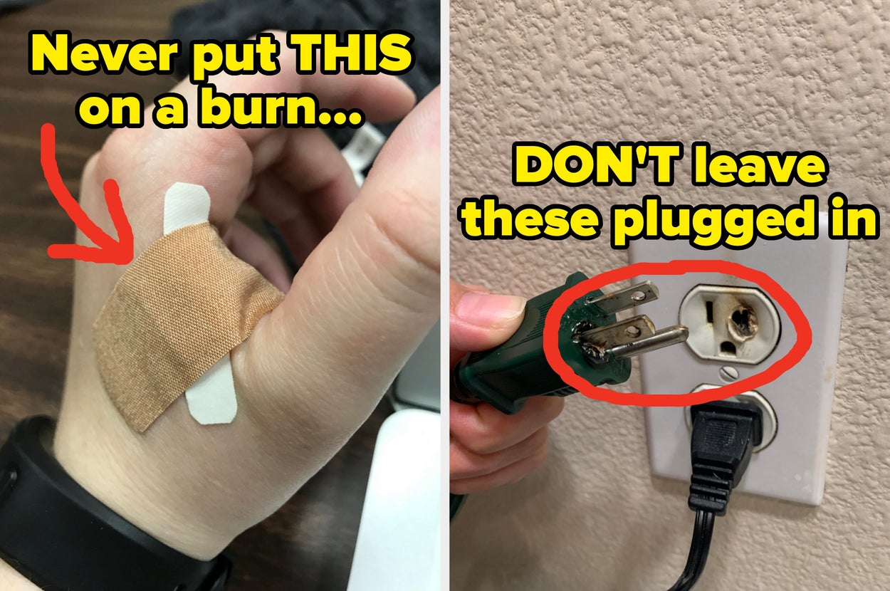On the left, a hand with bandages; the text warns against using certain things on burns; on the right, a burnt outlet and plugs; the text advises not leaving them plugged in