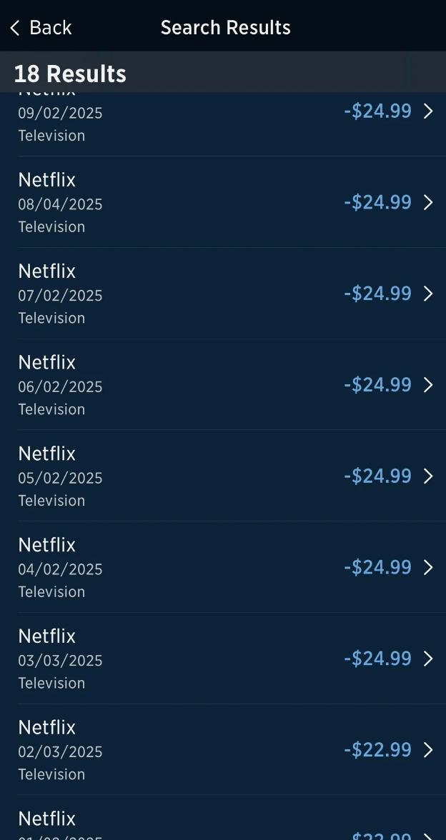 Screen showing Netflix charges of $24.99 per month for 18 months dating from 02/2025 to 03/2025