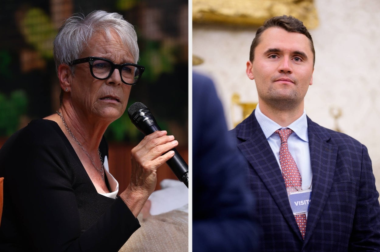 Jamie Lee Curtis with short hair holding a microphone vs Charlie Kirk in a suit and tie with a visitor badge