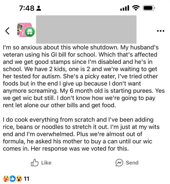 Social media post expressing anxiety about financial struggles due to a shutdown, family needs, and lack of resources like food and baby formula