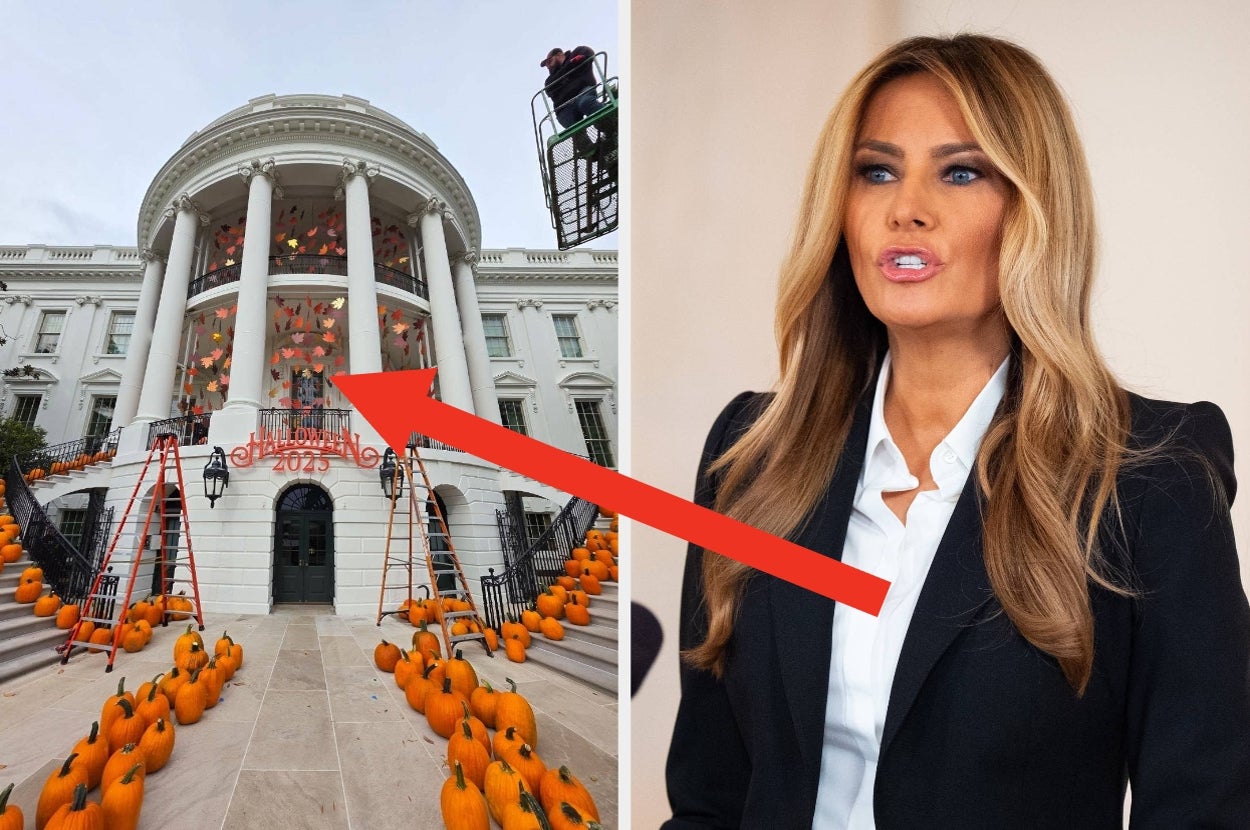 Split image: Left shows White House with Halloween pumpkins; right shows a woman in a black blazer speaking