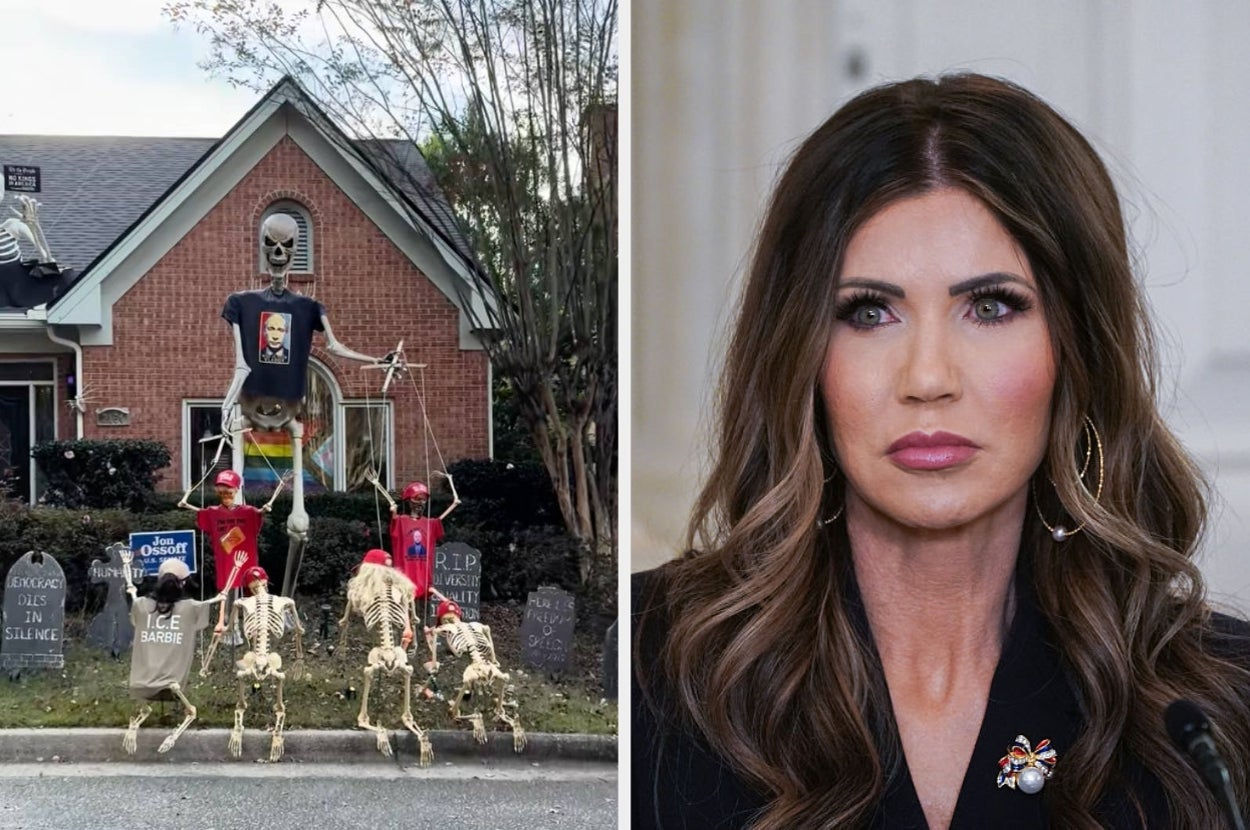 Left: Halloween yard display with skeletons and gravestones. Right: Person with long wavy hair wearing a dark outfit with a pin