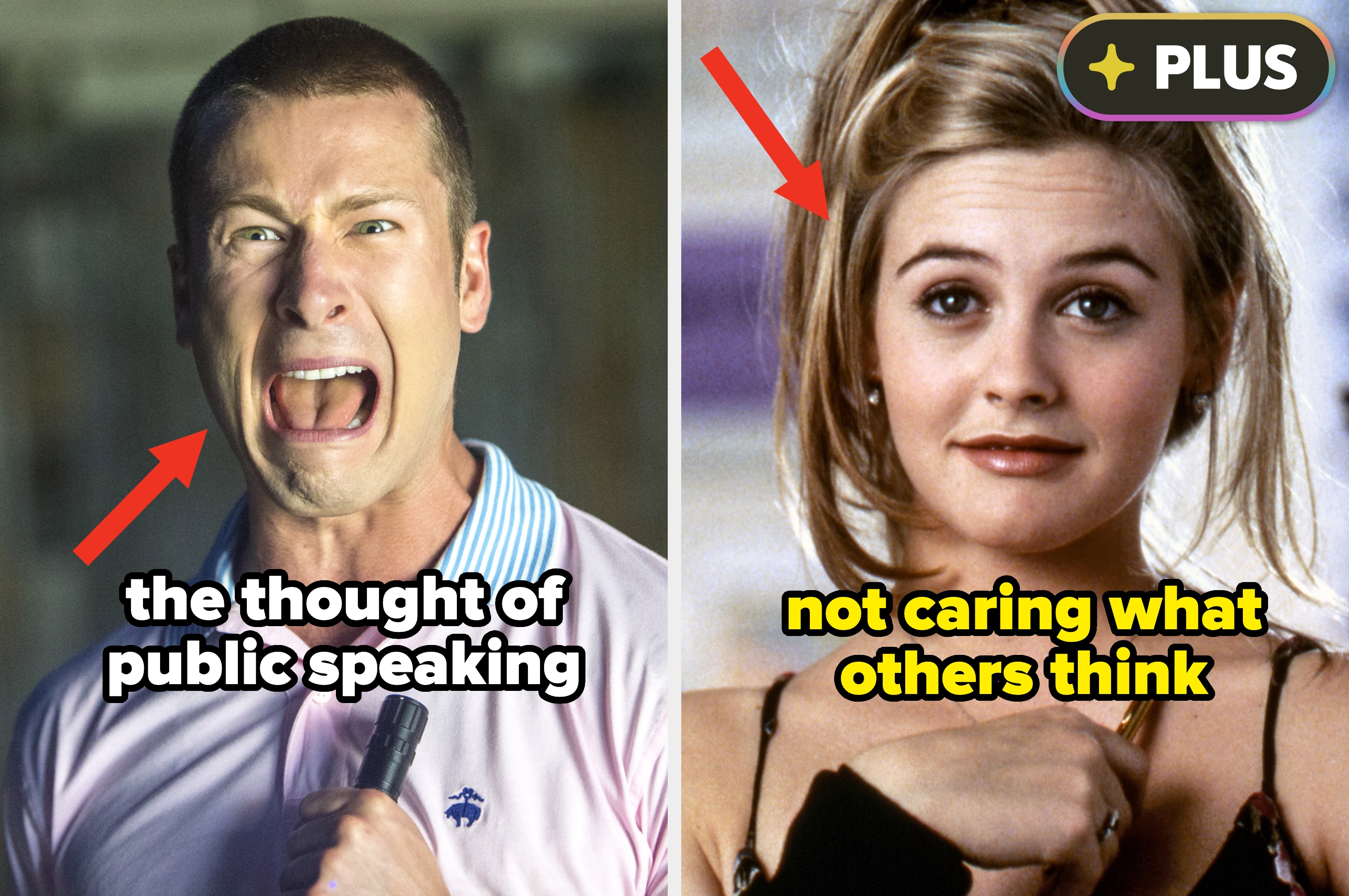 Split image of a man screaming and a woman with her hair up, text overlays with red arrows: "the thought of public speaking / not caring what others think"