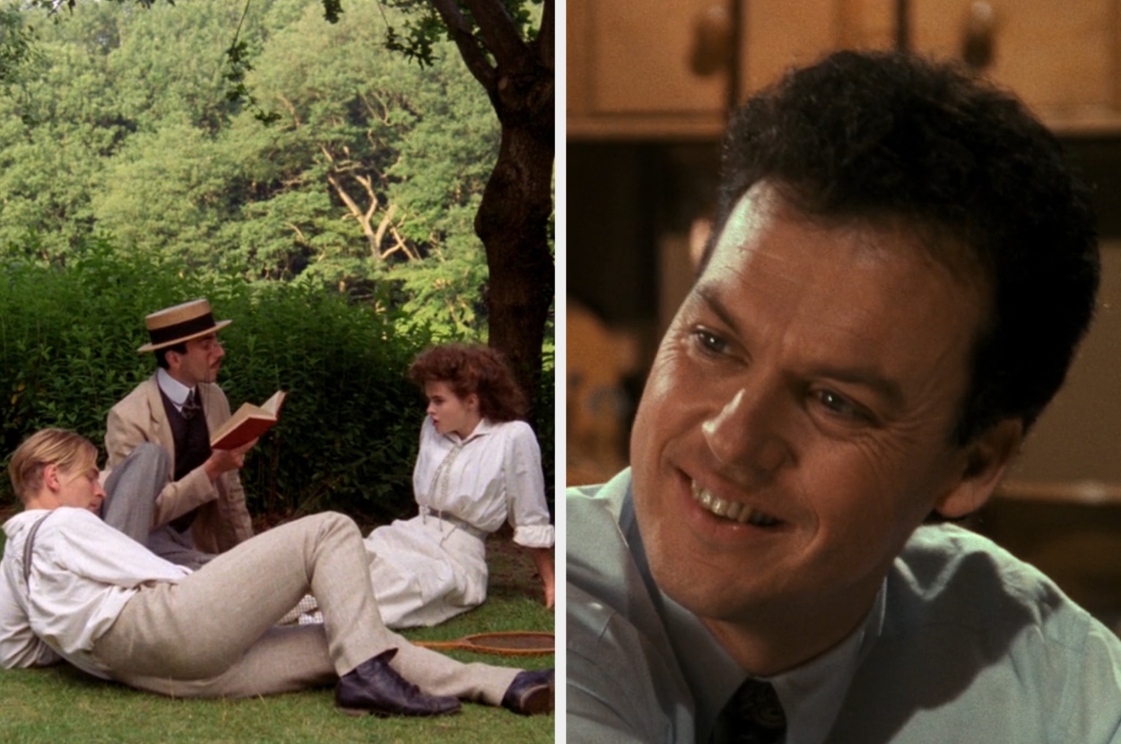Left: Three people in vintage attire relaxing on grass, two seated and one lying. Right: Smiling man in a shirt in a close-up, inside a room