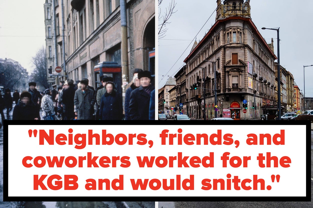 Split image: Left shows a historical street scene with blurred faces. Right shows a present-day street. Text warns about KGB informants in the past