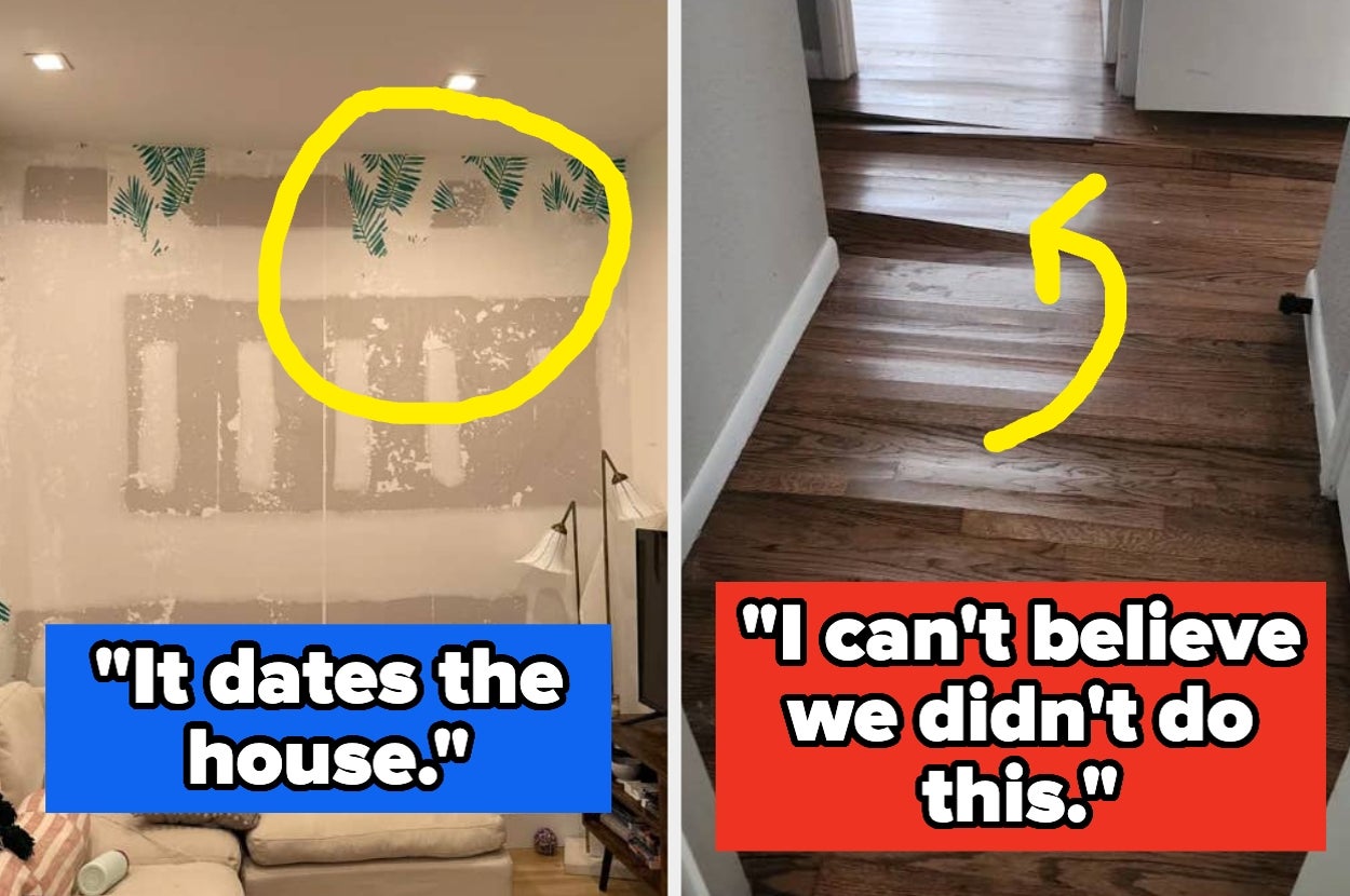 Two images: Left shows wallpaper removal with critique; right shows a successful staircase renovation with satisfaction