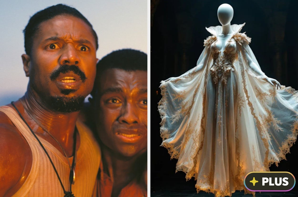 Left: Two men with intense expressions. Right: Elegant gown with intricate lace detailing displayed on a mannequin