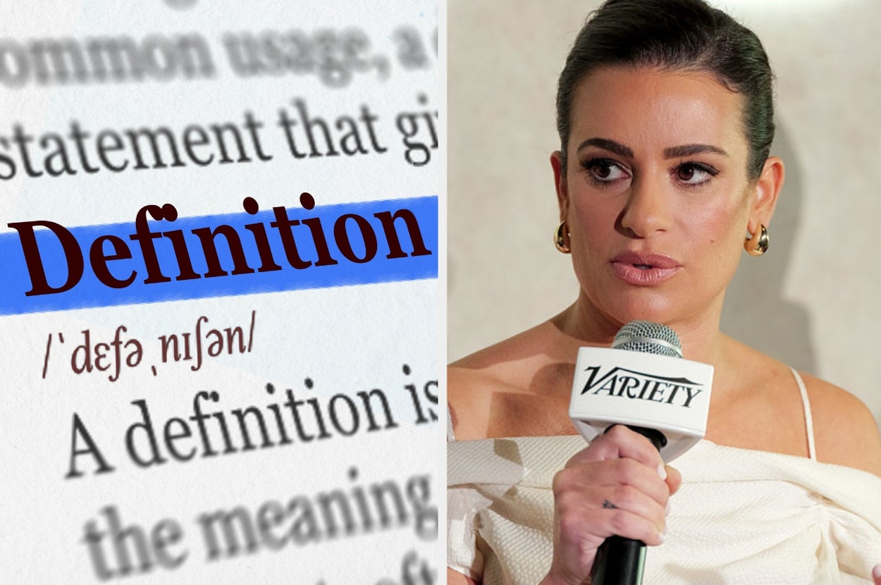 Definition text highlighted and a person holding a Variety microphone, wearing an off-shoulder top, speaking at an event