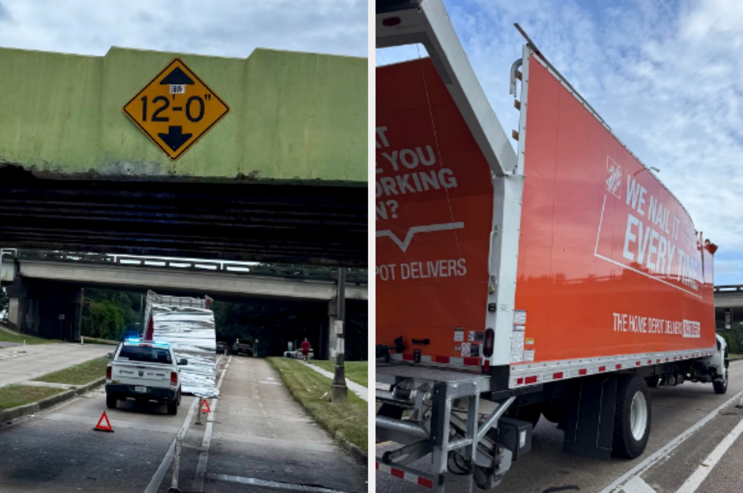 Truck stuck under low bridge with damaged roof panels, road cones set up; large text on truck reads: "WE MOVE EVERYTHING."
