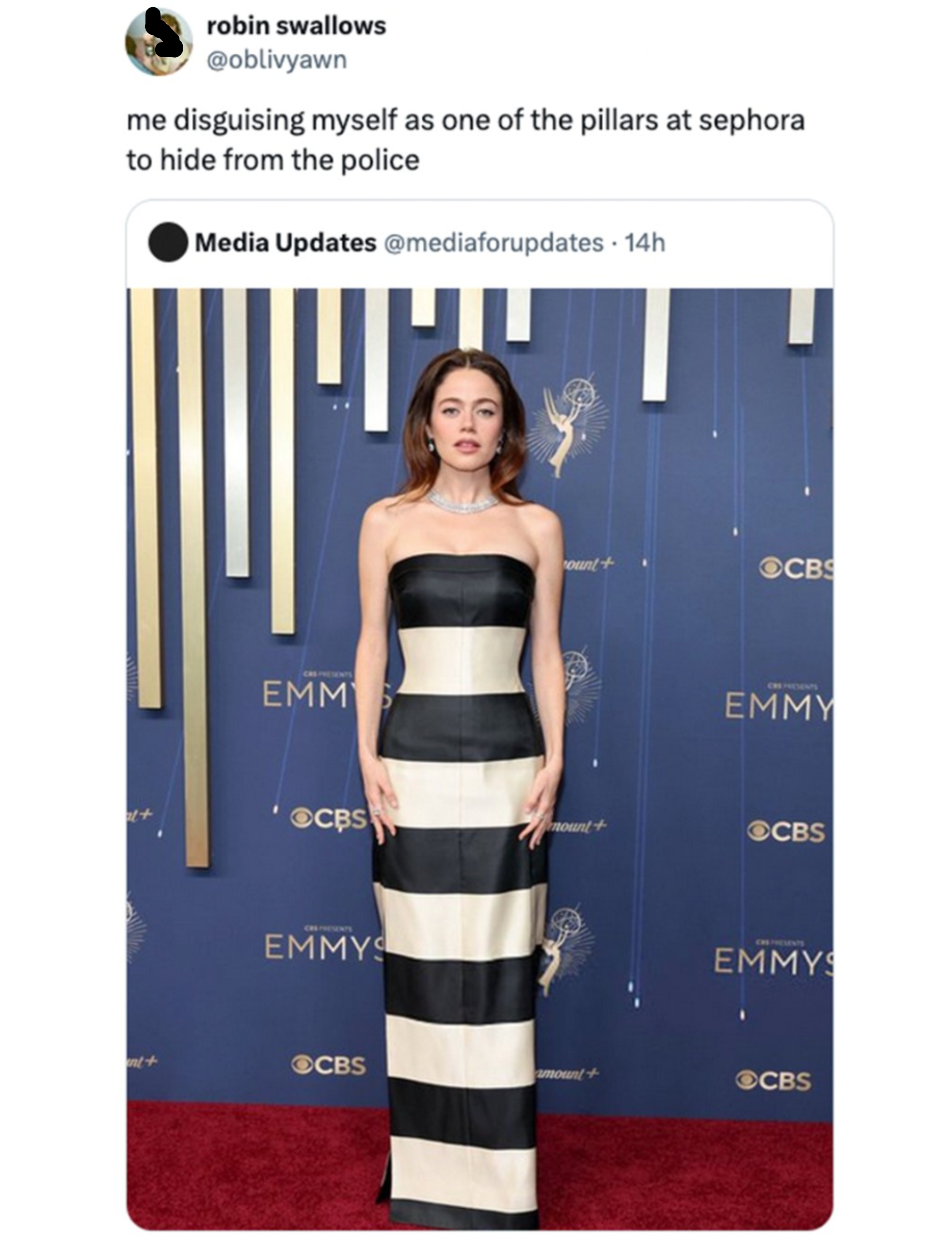 Person in a black and white striped dress on the red carpet, with a tweet joking about blending in with pillars at Sephora to avoid the police
