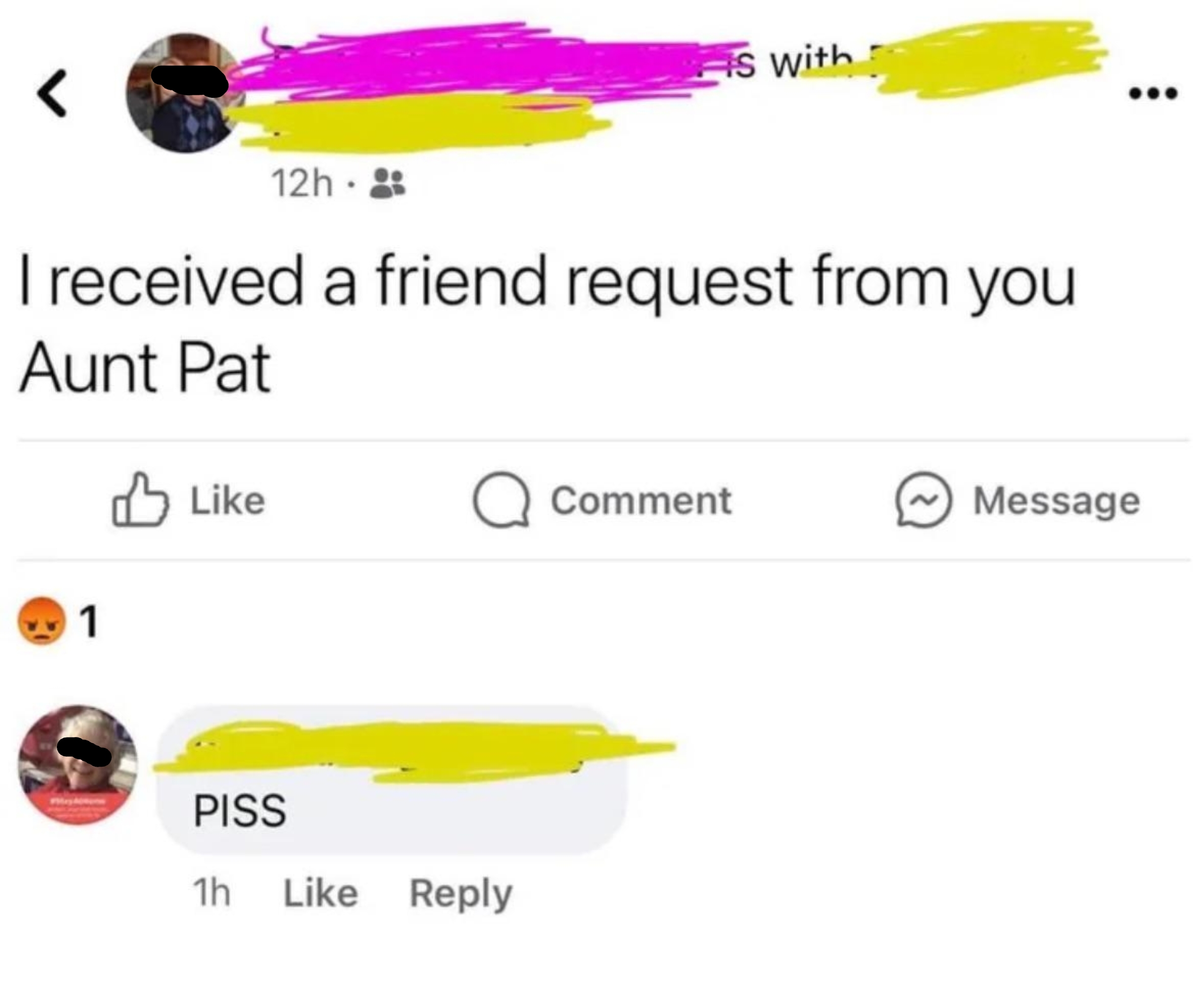 Facebook post with a status about receiving a friend request, followed by a comment saying &quot;PISS&quot; with an angry emoji reaction