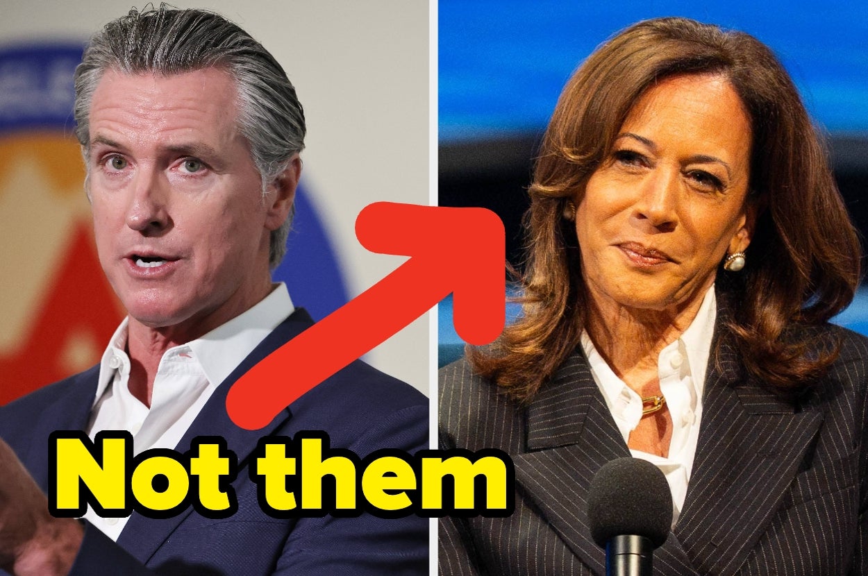 Two people alongside a large red arrow pointing away from them, with bold text stating "Not them."