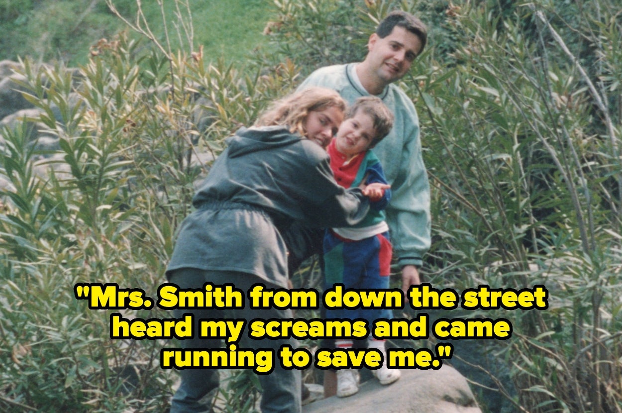 A family poses outdoors amid greenery. Text on image: "Mrs. Smith from down the street heard my screams and came running to save me."