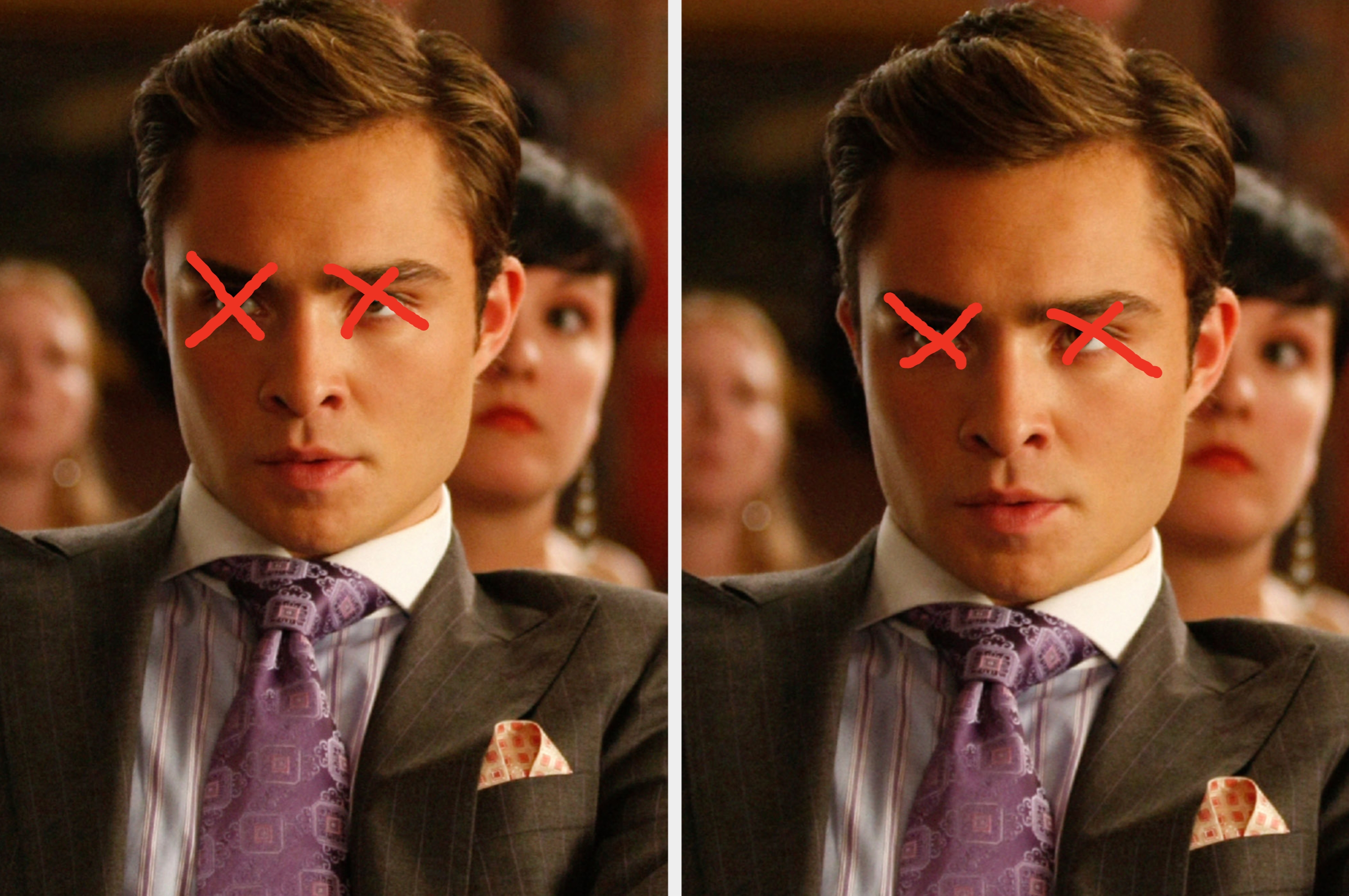 A split image of a woman expressing surprise and a man with an angry expression, both dressed in formal attire