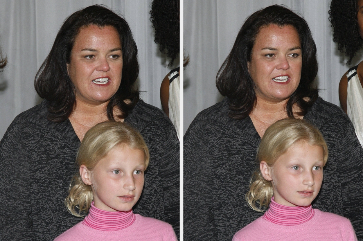 Person with black top standing behind a child in a pink turtleneck, appearing at a celebrity event