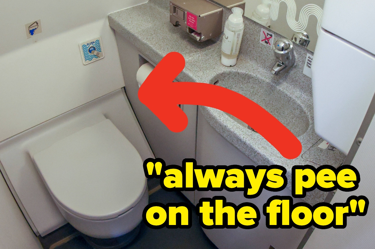 Airplane bathroom with large red arrow pointing to the floor, text reads "always pee on the floor."