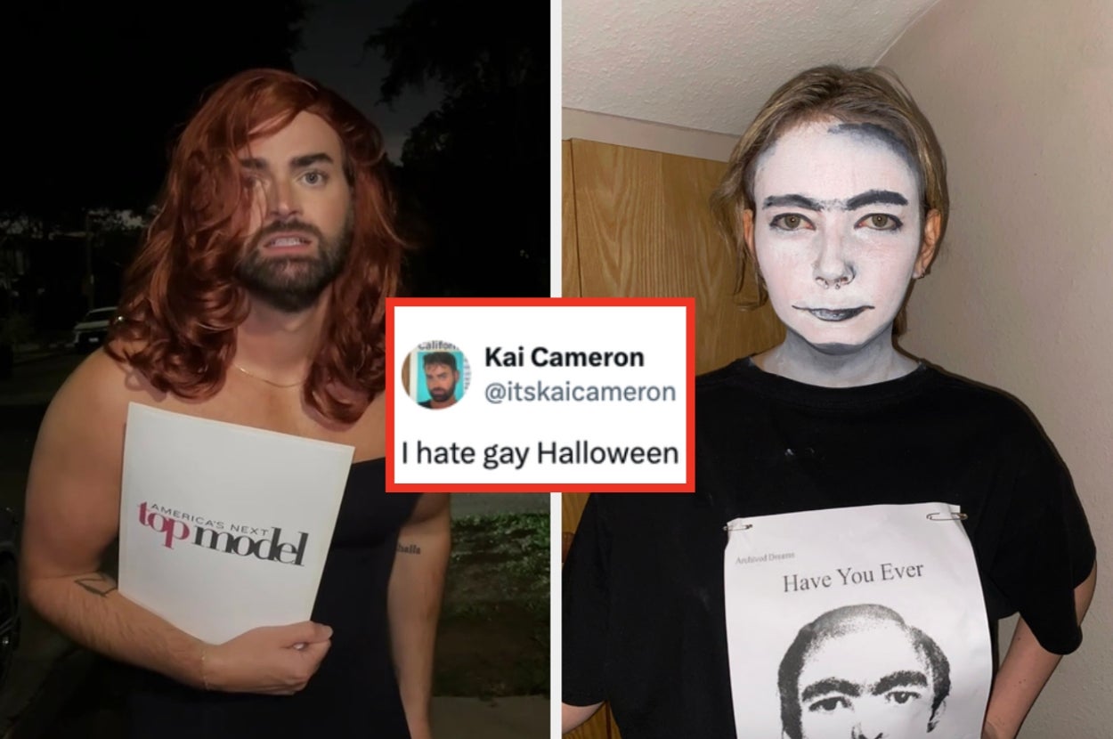 Two individuals in creative costumes. Left: Person with long wig, holding a card. Right: Person with black wig, white face paint. Tweet overlay reads, "I hate gay Halloween."