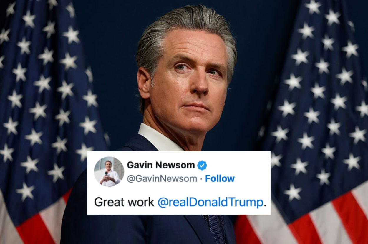 A man in formal attire stands between two U.S. flags. Overlaid is a tweet from Gavin Newsom praising Donald Trump
