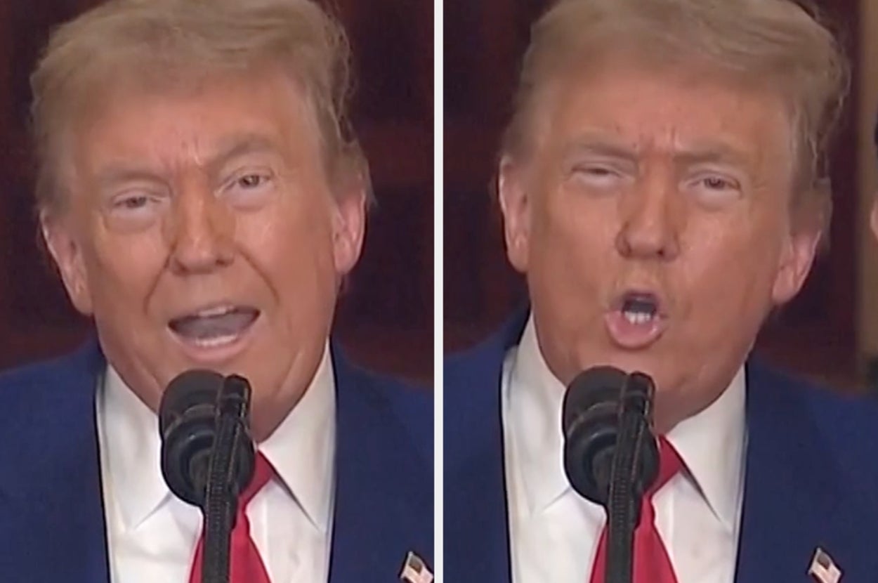 Two close-up images side by side of a man speaking at a microphone with expressive gestures