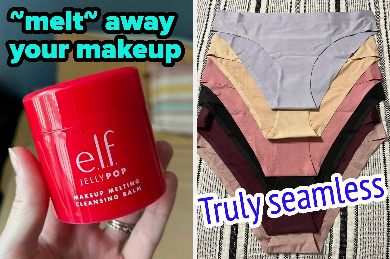 Hand holding e.l.f. Jelly Pop Makeup Melting Cleansing Balm; a stack of seamless underwear in various shades lying next to it