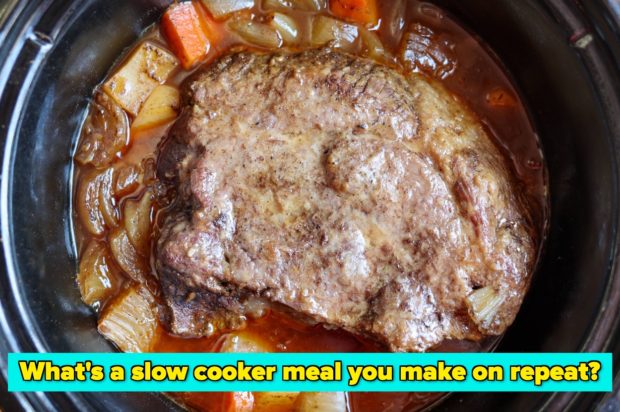 A hearty roast beef with carrots and onions in a slow cooker. Text asks: "What's a slow cooker meal you make on repeat?"