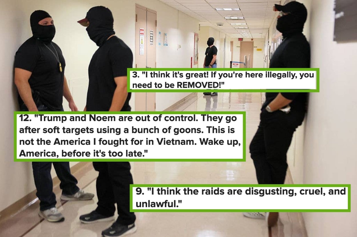 Three masked individuals stand in a hallway with speech bubbles expressing differing opinions on immigration raids
