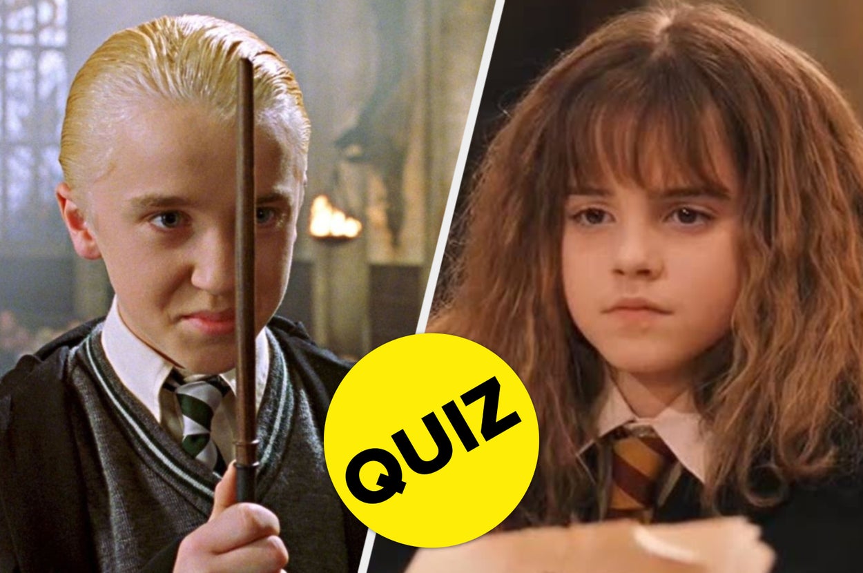 Draco Malfoy holds a wand, and Hermione Granger looks serious. Both are in school uniforms from the Harry Potter films