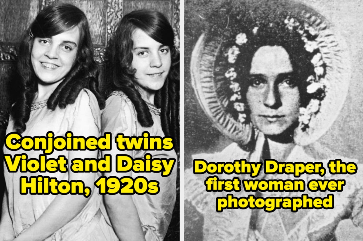Two vintage photos: Left, conjoined twins Violet and Daisy Hilton, 1920s. Right, Dorothy Draper, first woman ever photographed