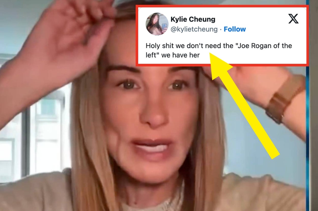 A woman gestures during a video call, highlighted tweet reads, "Holy shit we don't need the 'Joe Rogan of the left' we have her."