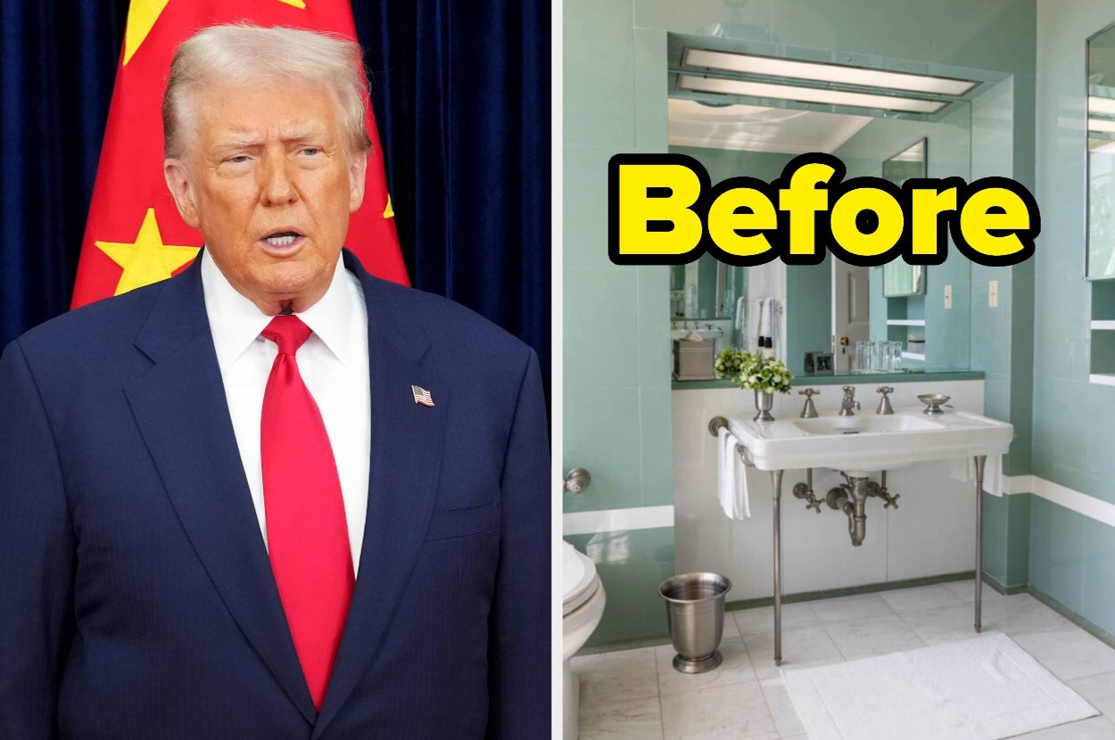 Person in suit speaks next to a red flag. On the right, a bathroom with "Before" text shows a sink and mirror setup