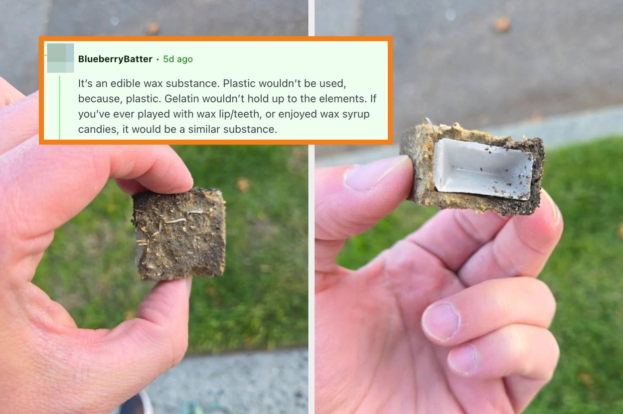 Person holding a worn, empty wax-like container; Reddit comment discusses edible wax as the substance