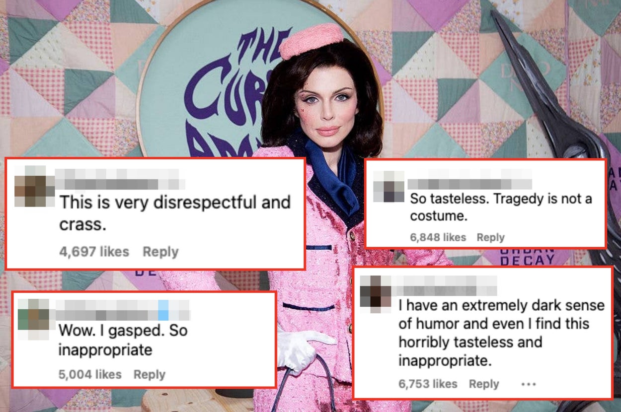 A person in stylized attire stands in front of a backdrop. Surrounding comments criticize the outfit as disrespectful and inappropriate