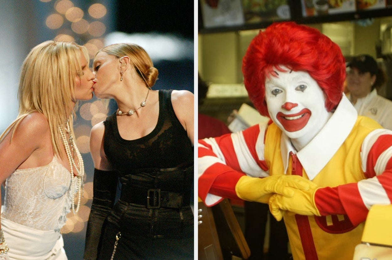 Left: Two performers sharing a kiss on stage. Right: Ronald McDonald smiling at an event
