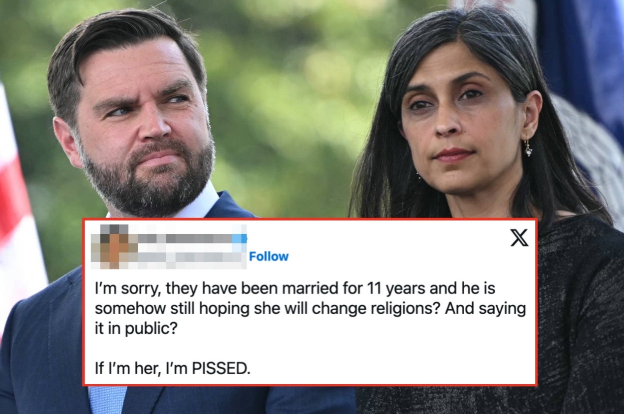 Two people are shown; a social media post suggests conflict over one person wanting their spouse to change religions