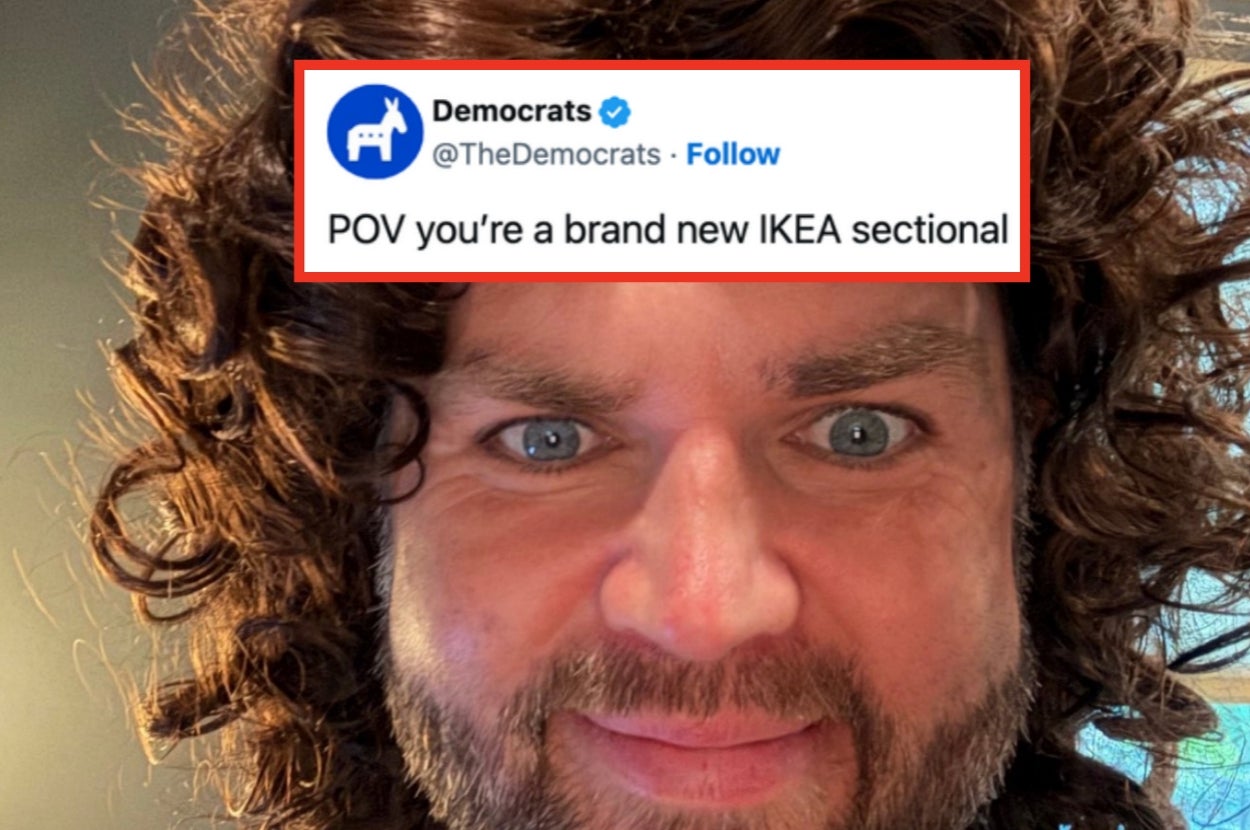 Close-up of a man with a humorous expression and a tweet overlay saying, "POV you're a brand new IKEA sectional."