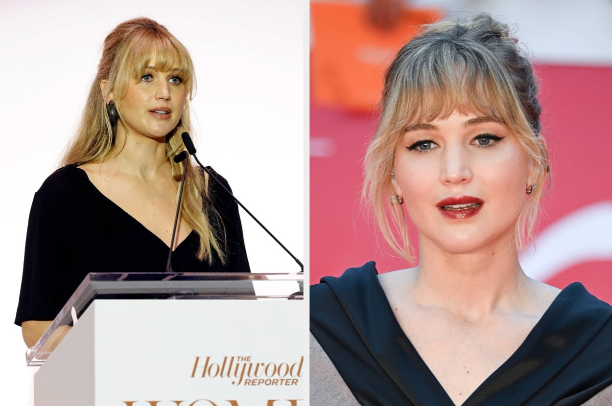 Jennifer Lawrence at a podium speaking vs Jennifer Lawrence on the red carpet with her hair in an updo with bangs